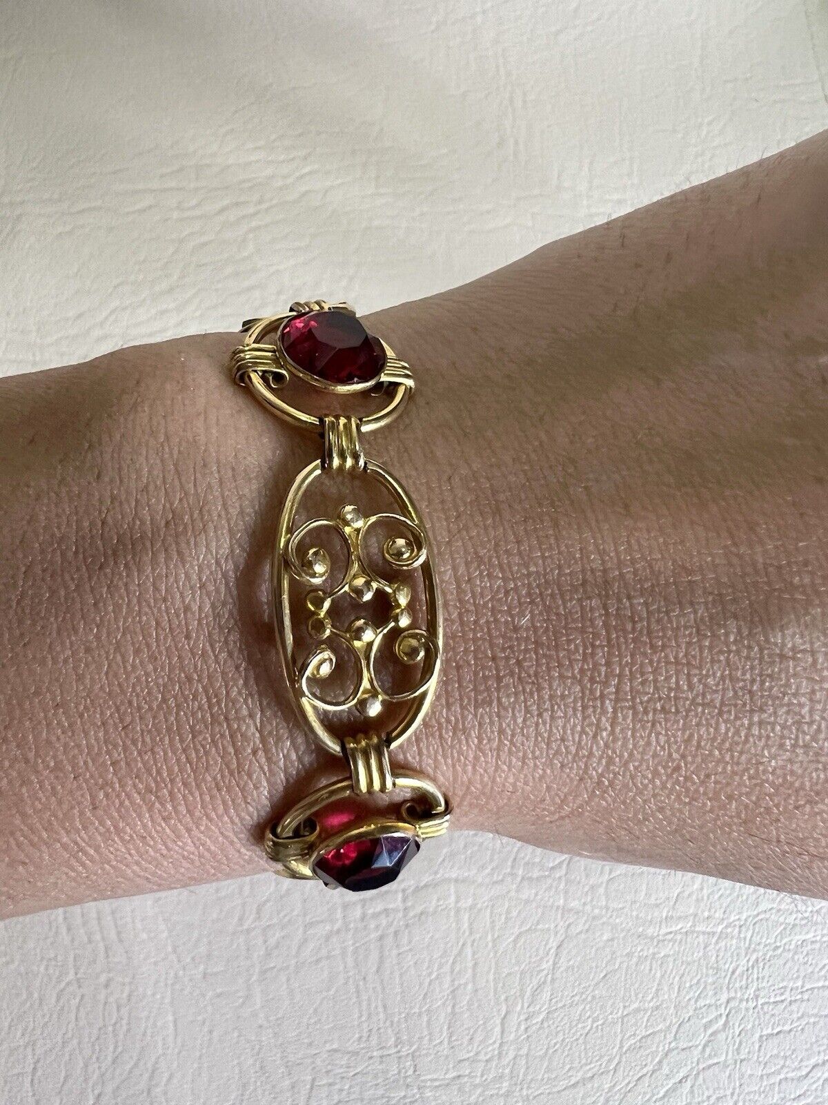 Red Rhinestone Oval Link 12K Gold Filled Bracelet 7”