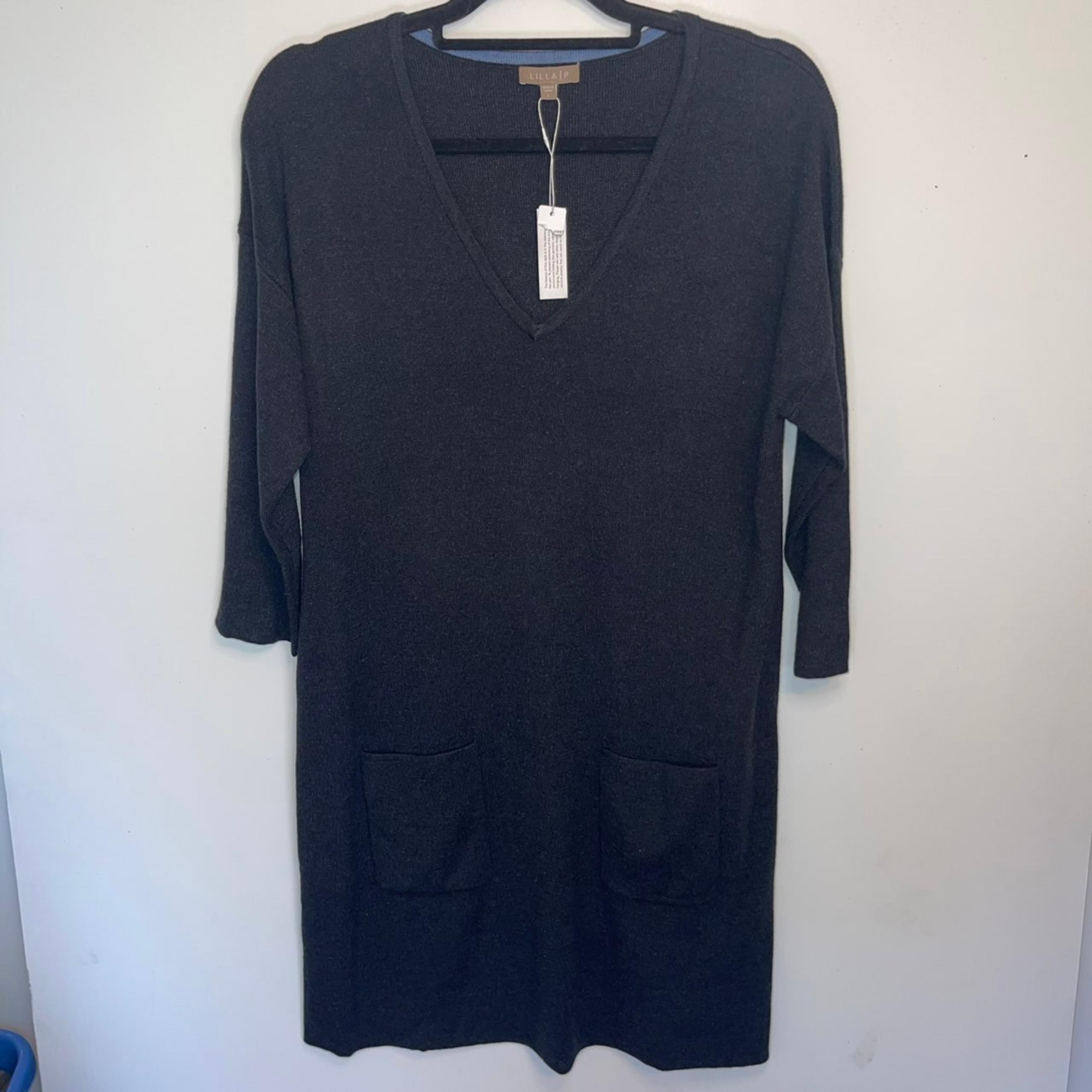 Lilla P NWT Charcoal Grey v-neck yarn sweater dress 3/4 sleeves midi soft cozy