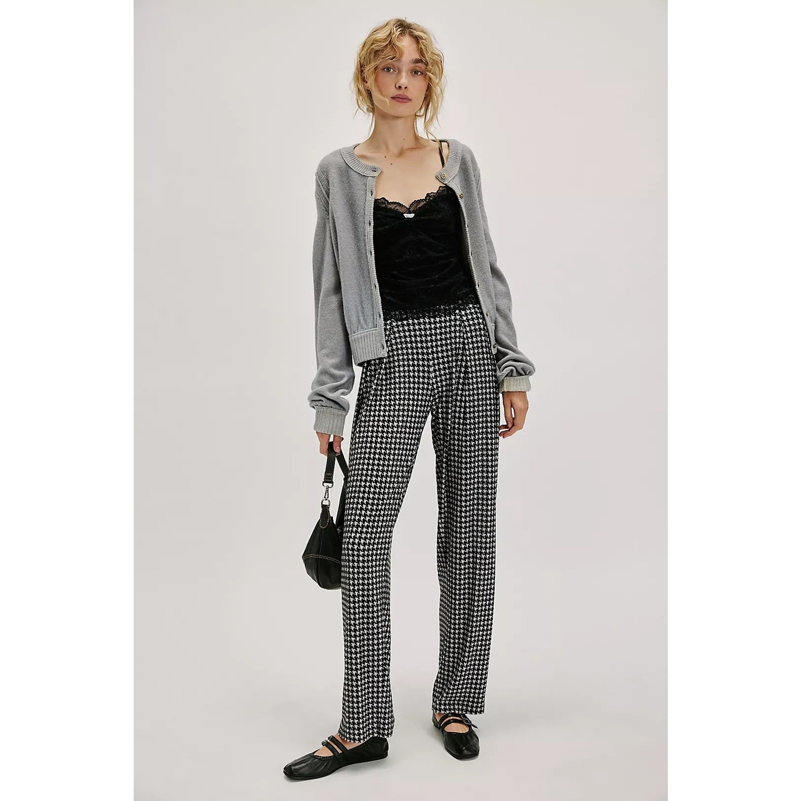 New FREE PEOPLE Norma Kamali Low-Rise Pleated Trousers 200 XS Black HOUNDSTOOTH