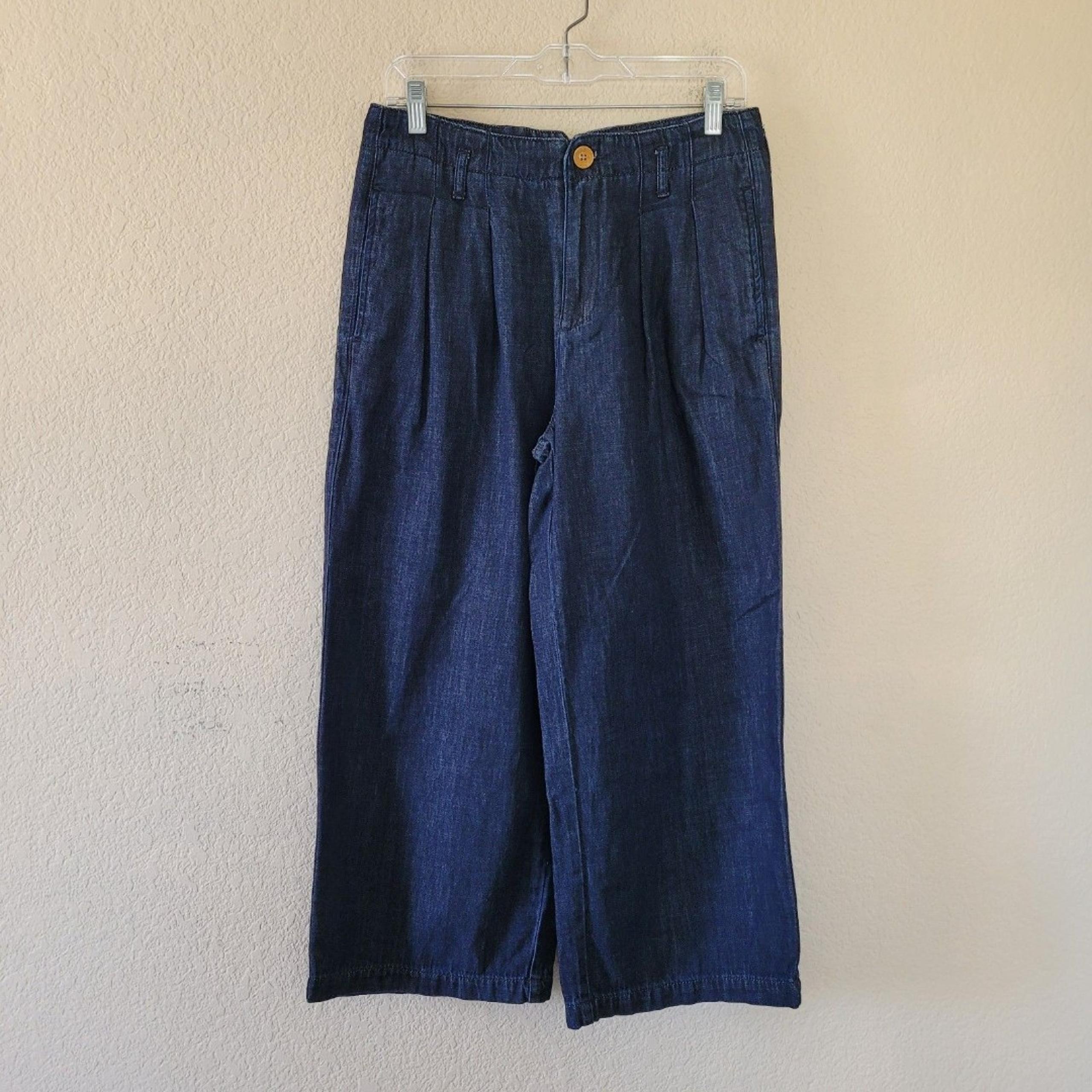 Maeve Anthropologie Remi High Rise Blue Pleated Wide Leg Denim Trousers Size 28