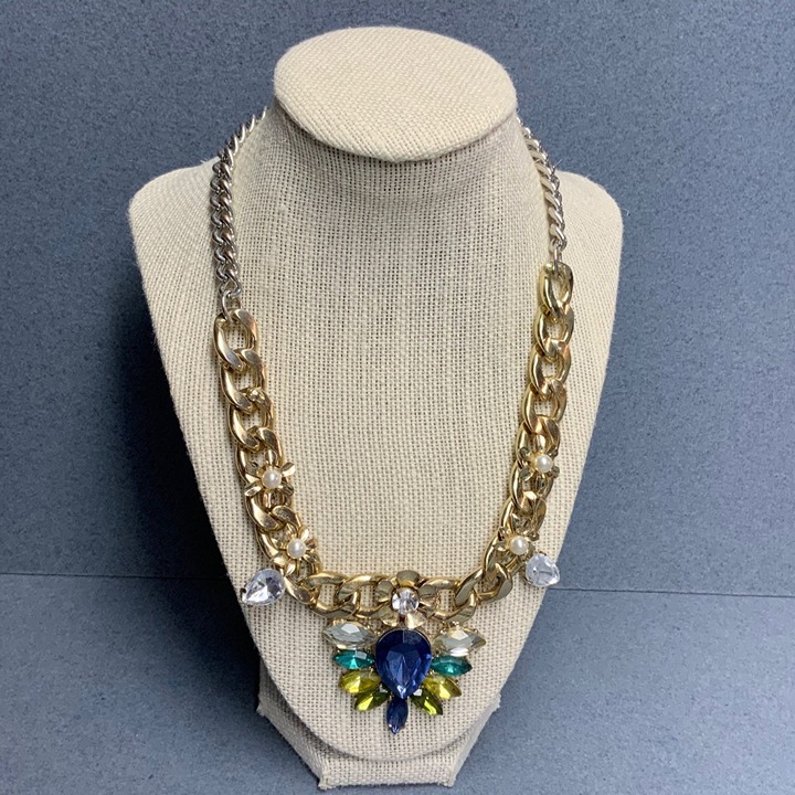 Statement Necklace 19 In As Is Pearl Blue Green Yellow Rhinestone Gold Silver