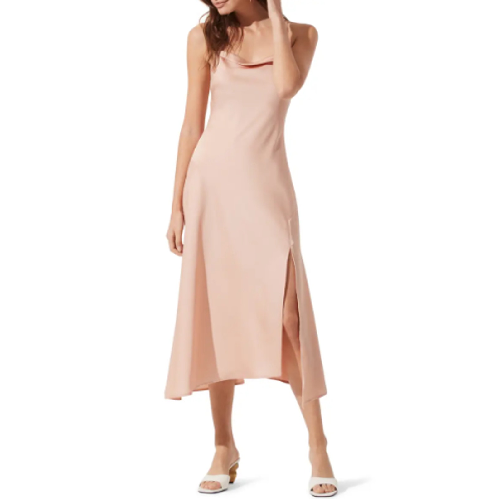 ASTR The Label Cowl Slip Midi Dress Women's Small Pink Blush Satin Sleeveless