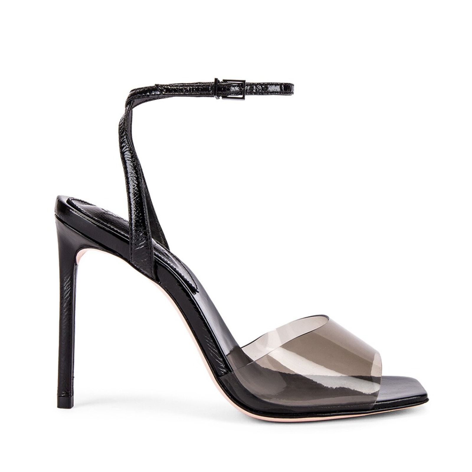 Schutz Jamili Stiletto Heels Black Patent Leather Gray Vinyl Buckle 10