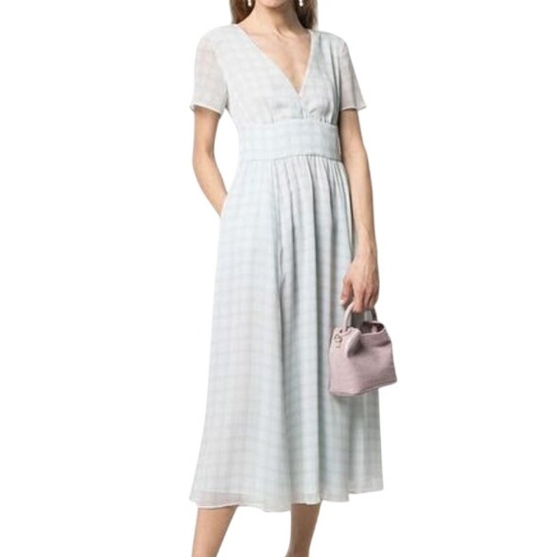 Emporio Armani Women's Cotton Plaid V-Neck Dress Blue Size 48 (US 14) NWOT