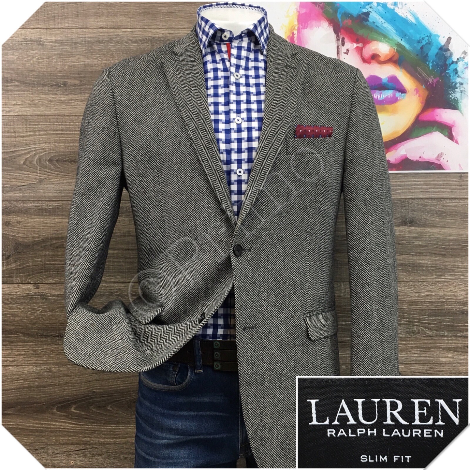 RALPH LAUREN Mens Tweed Blazer Sport Coat Casual Jacket Size 42L Slim Suit (FLAW