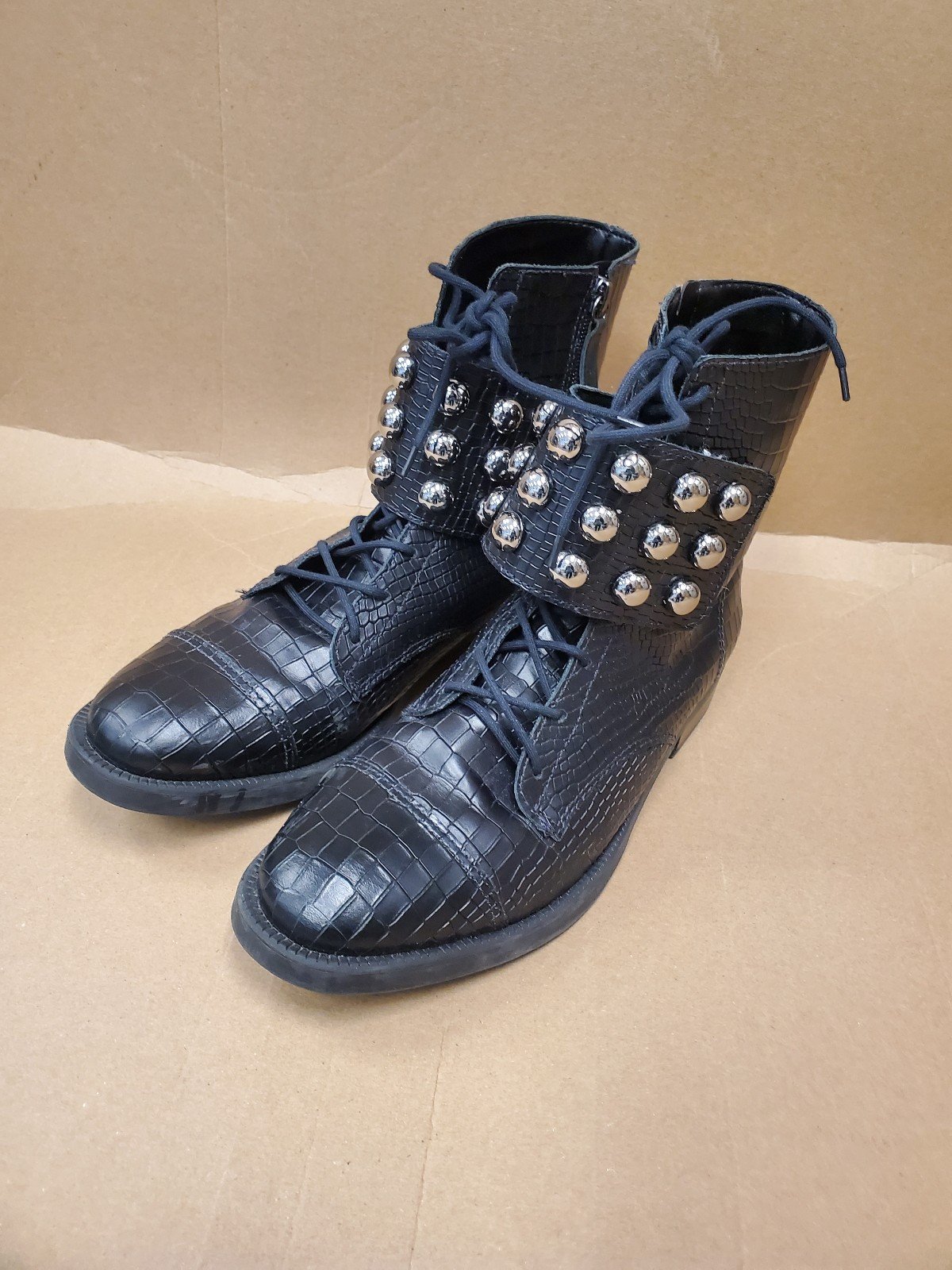 Schutz Marieta Black Leather Croc Embossed Lace Up Studded Moto Ankle Boots 9.5