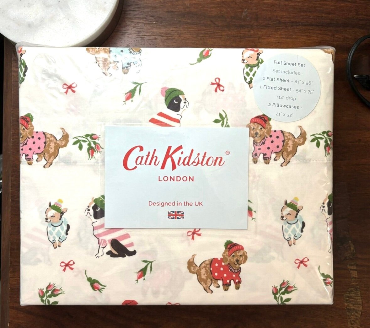 Cath Kidston London 4pc FULL Cotton Christmas ~ PUPPY LOVE PINK ~ Sheet Set NIP