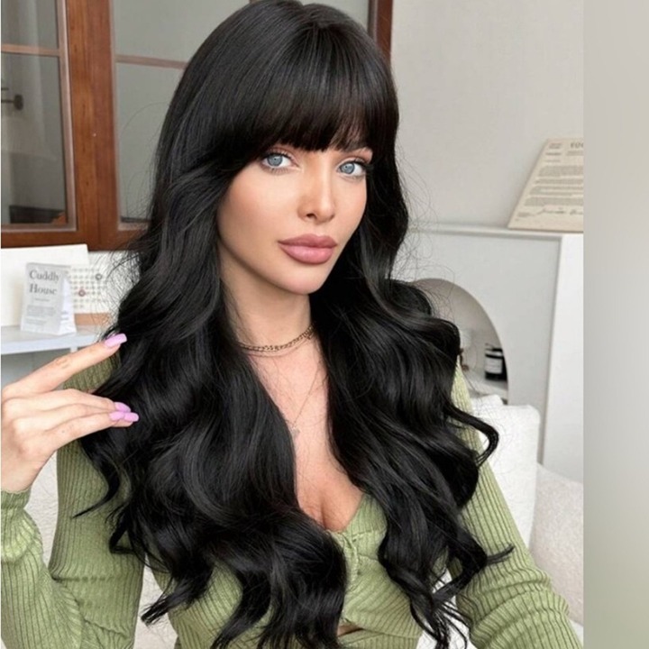 26 Inch Long Wave Curly Black Wig with Bangs density 200%
