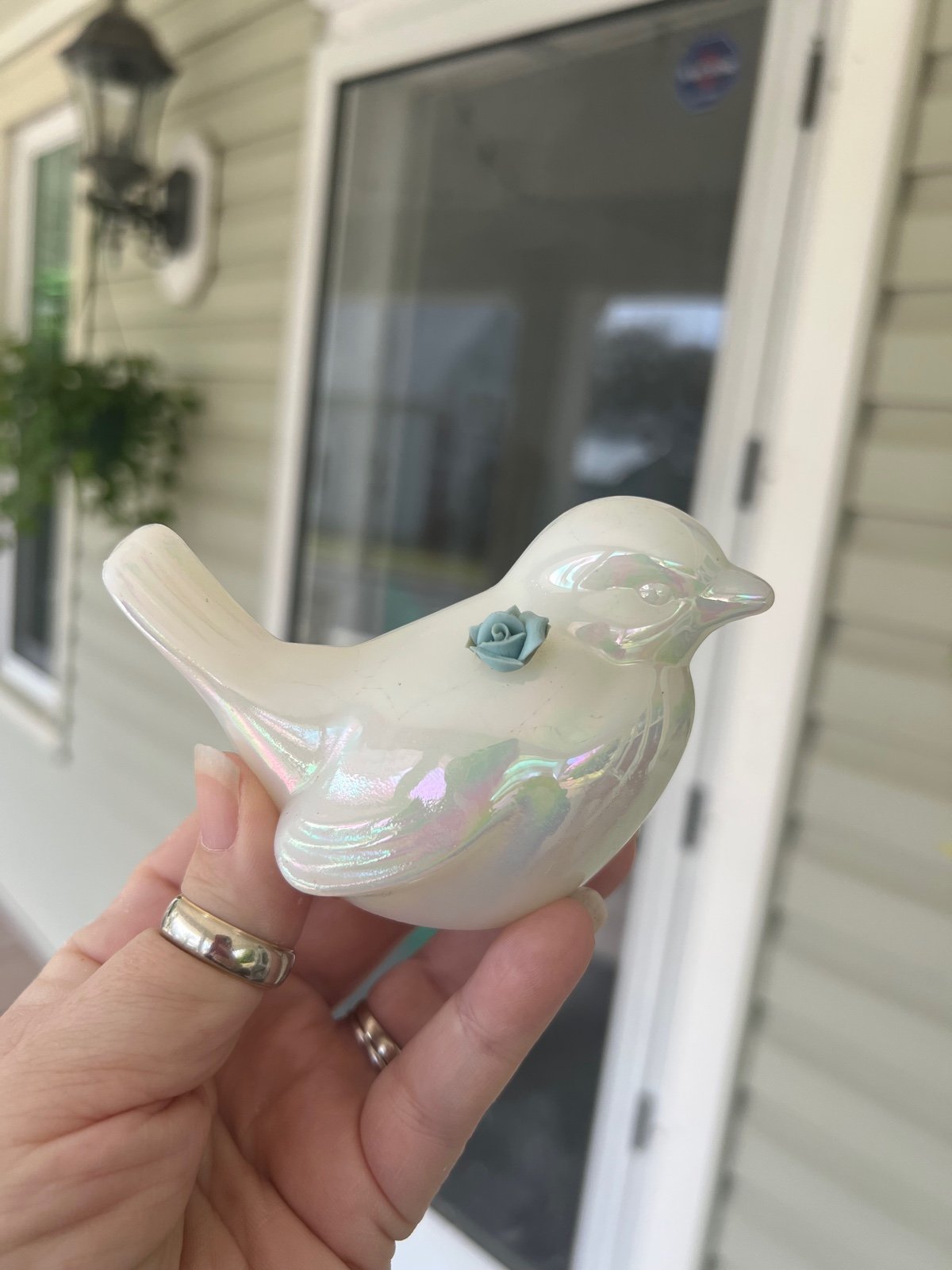 Fenton White Iridescent Small Bird with Blue Rose ....Easter