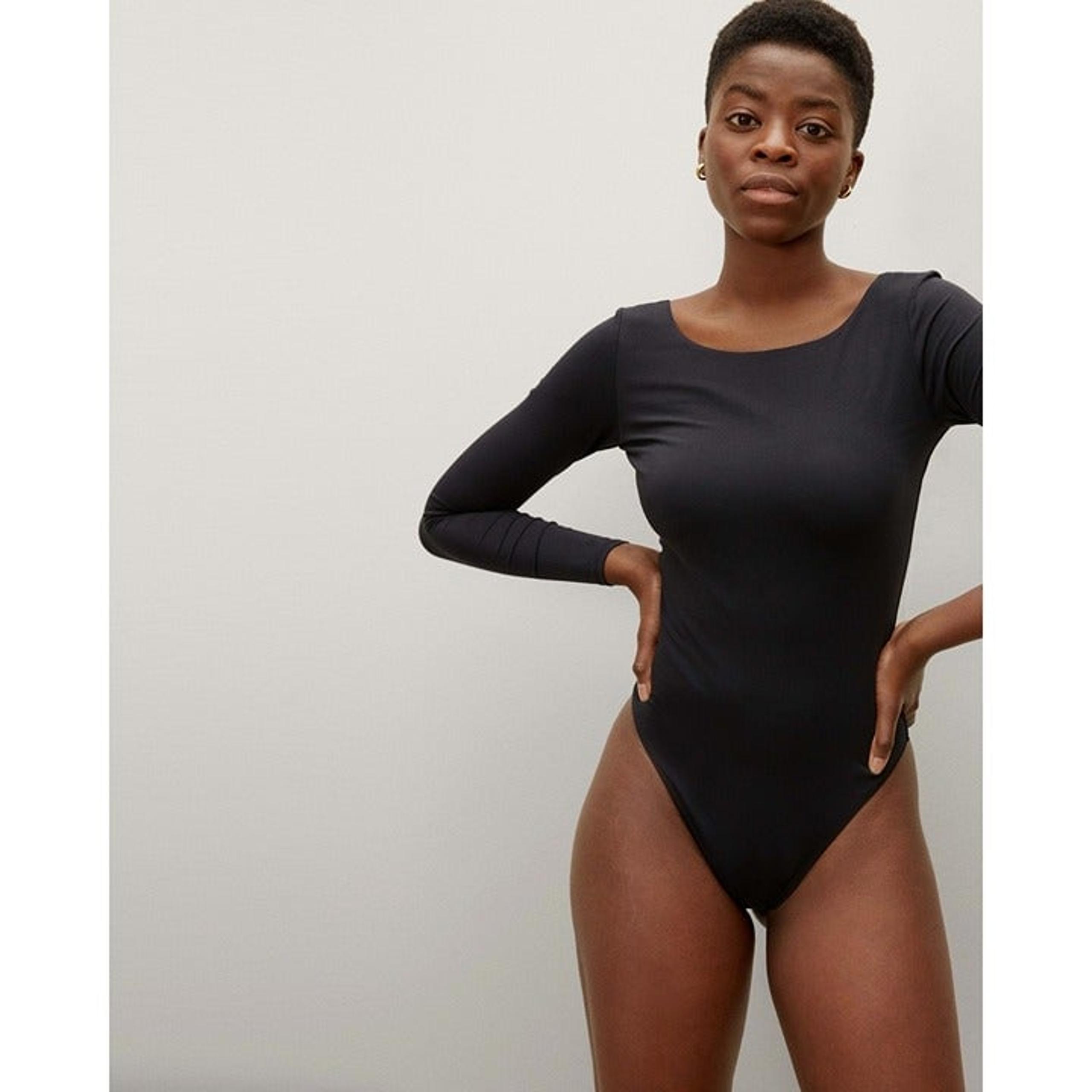 Everlane Womens The Long-Sleeve Ballet Bodysuit Low Back Thong Black S