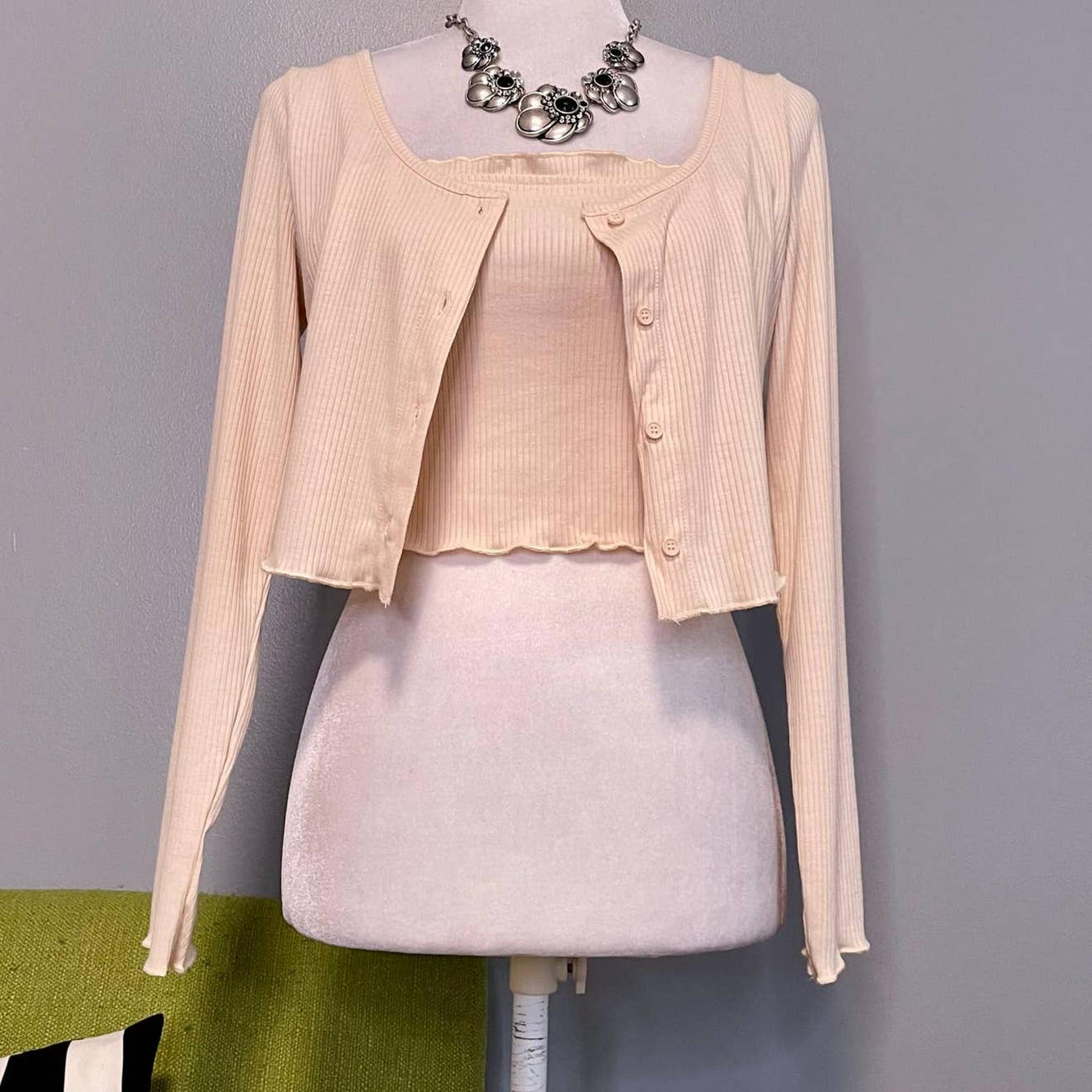 BP Cream Ribbed Crop Top Twin Set Tank & Long Sleeve Button Up NEW Small