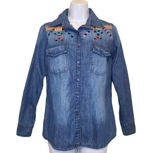 Raga Women Tops, RARE Tribal Print Embroidered Denim Button Down Shirt, Sz XS