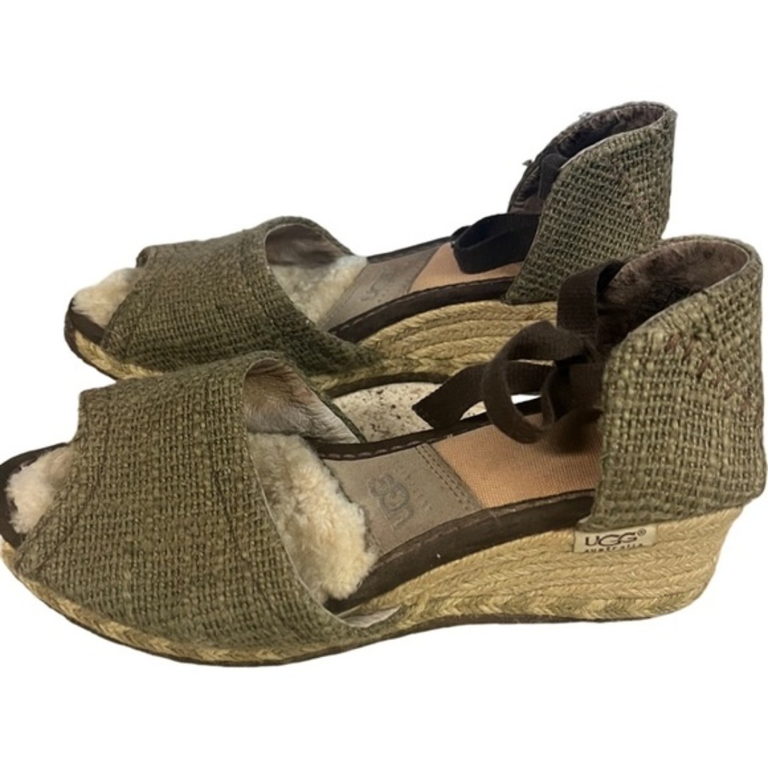 UGG AUSTRALIA 1652 Mar Espadrille Ankle Tie Wedge Woven Green Sandals Sz 7