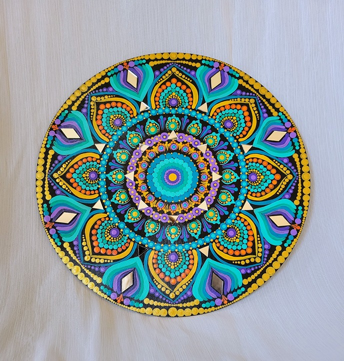 Peacock Inspired 12 inch Hand-Painted Mandala Art with Mirrors