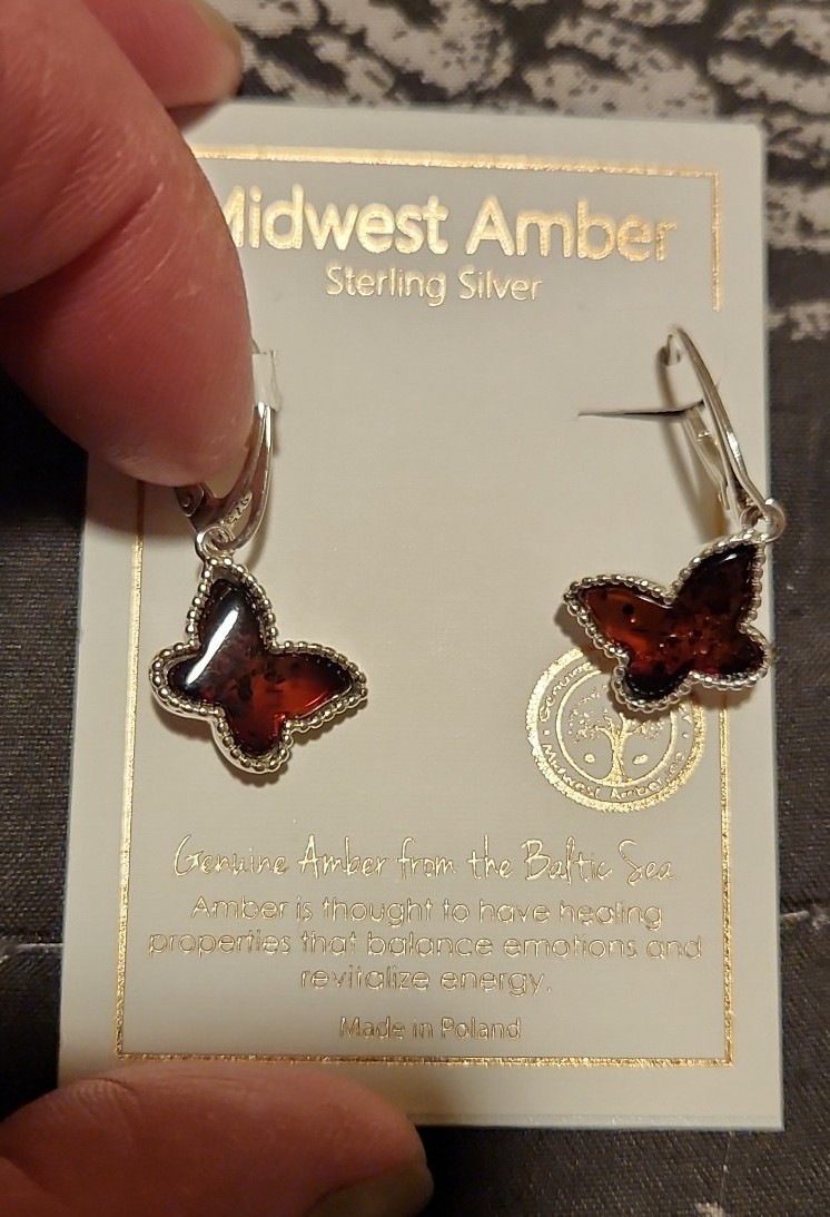Midwest Amber Sterling Silver Butterfly W/ Amber Filling Earrings