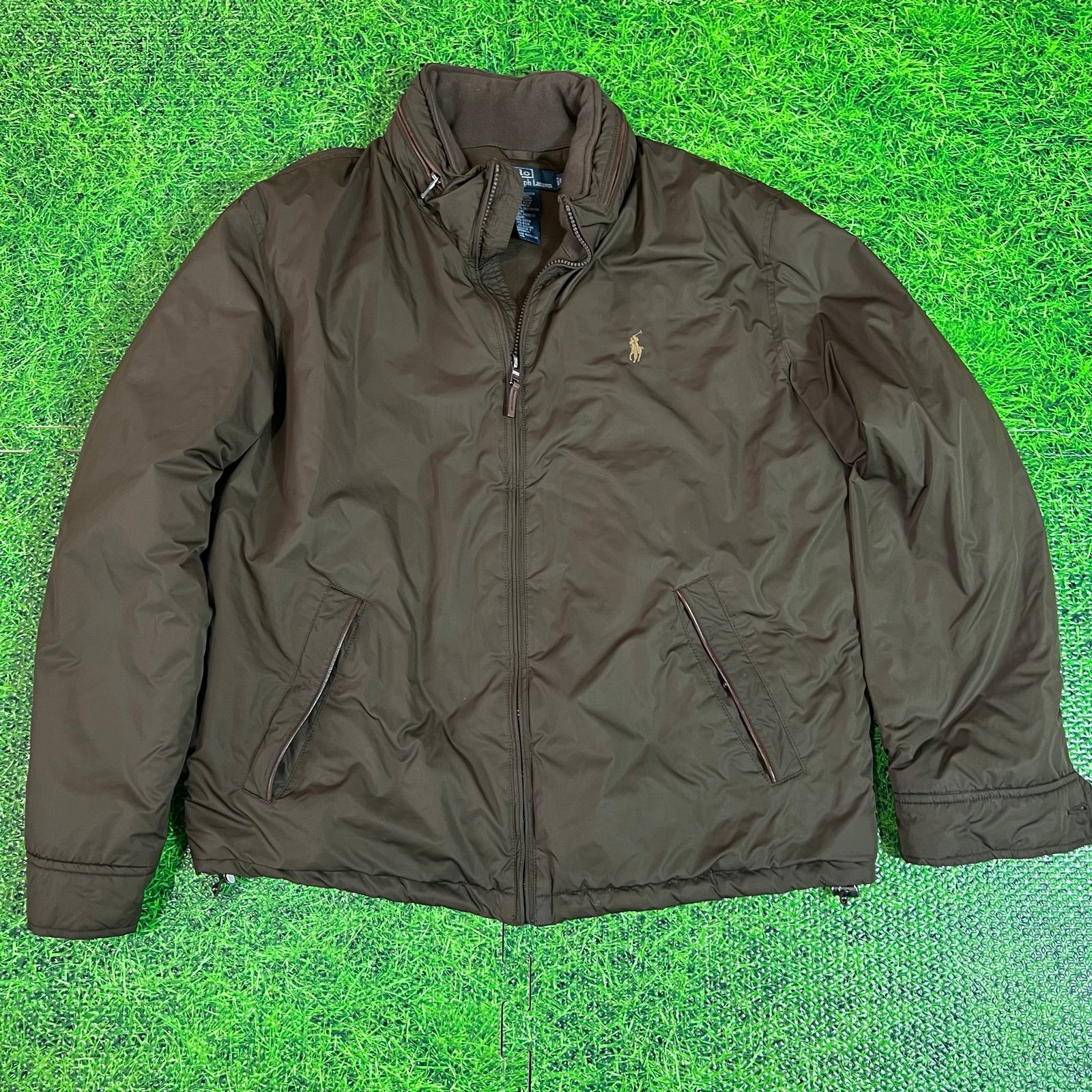 Polo Ralph Lauren Vtg 90s Stowed Hood Softshell Jacket Mens Large Leather Trim