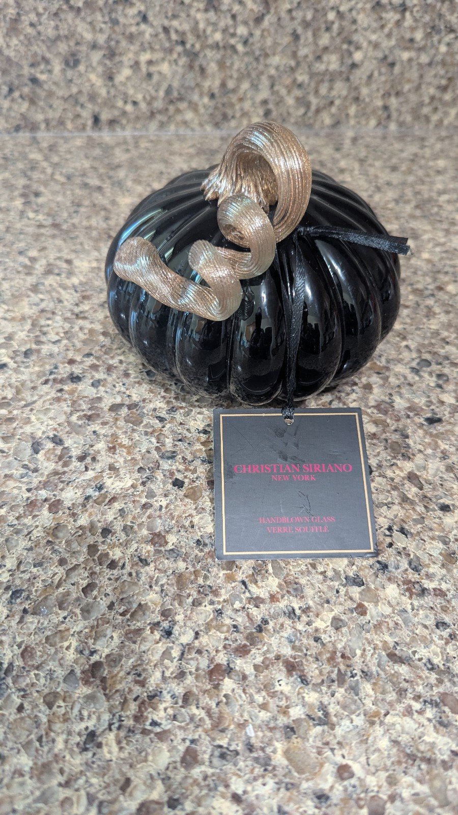 CHRISTIAN SIRIANO NEW YORK BLACK BLOWN GLASS PUMPKIN GOLD STEM