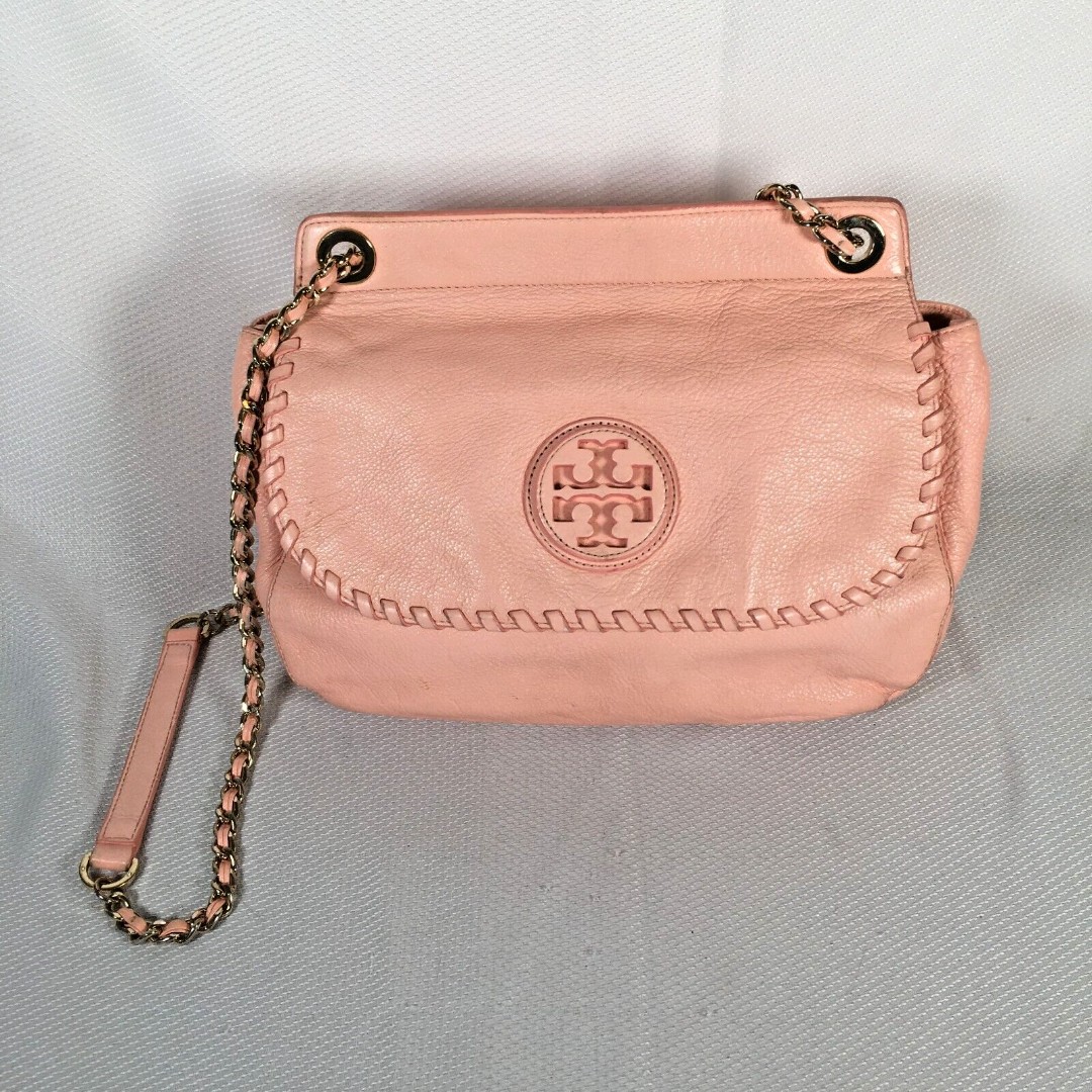 Tory Burch Peach Lt Pink Pebble Leather Marion Saddle Shoulder Bag Purse