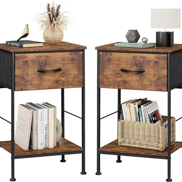 NEW Nightstand Set of 2,End Table with Fabric Storage Drawer & Open Wood Shelves
