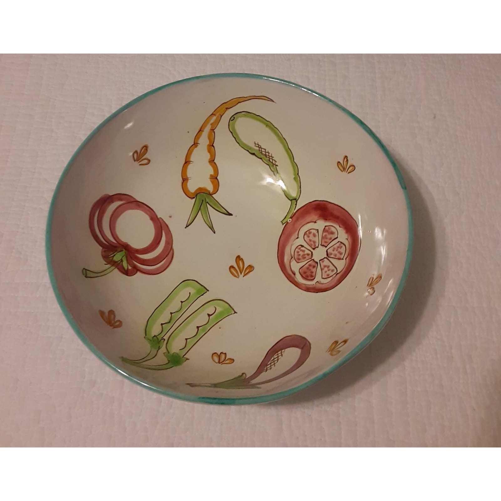 Vintage Italian Handmade & Painted Vegetable Graphic Serving Bowl Flaw