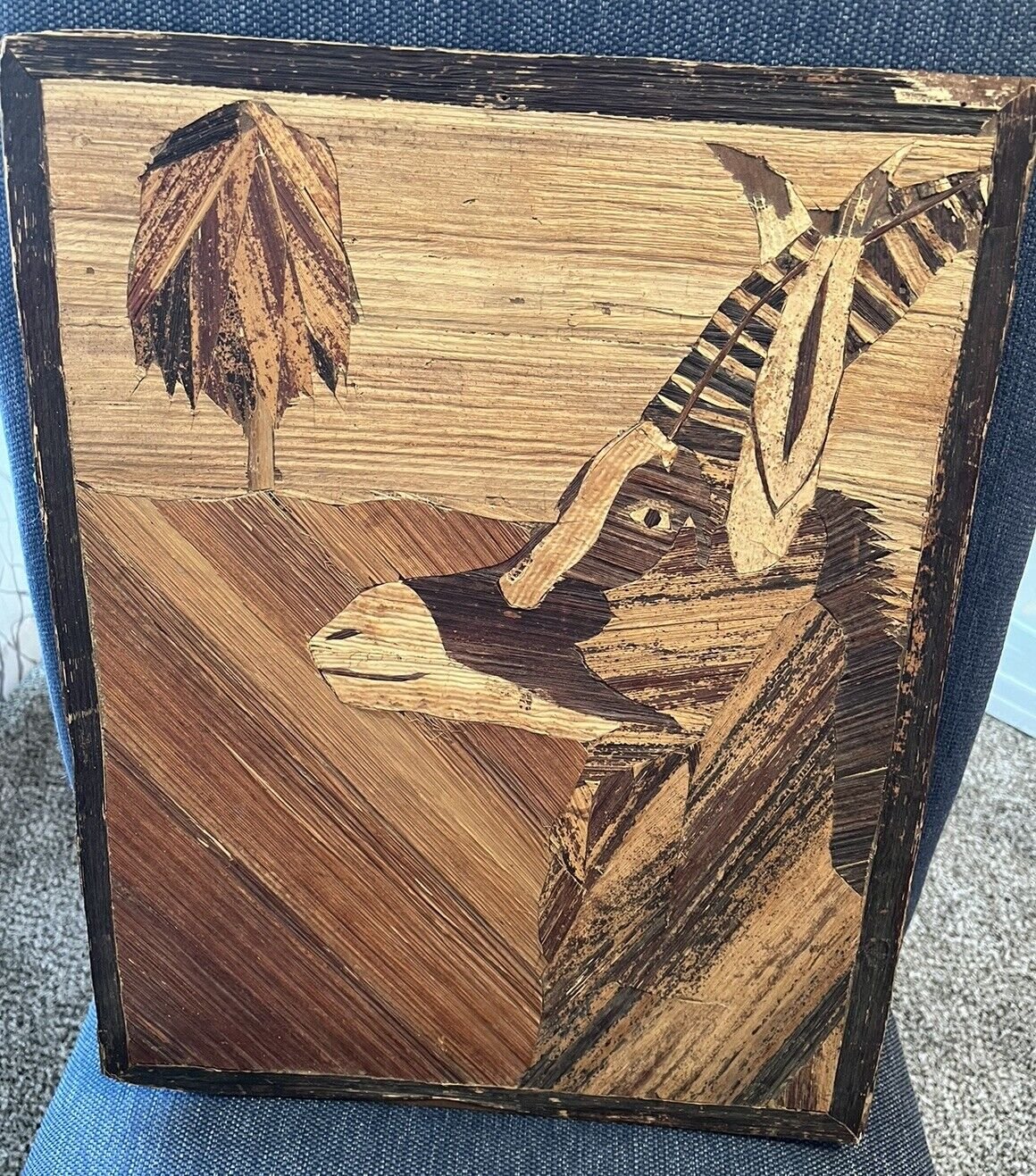 Antique African Dry Banana Bark Art. Handmade. Antelope With Tree 14”x18”