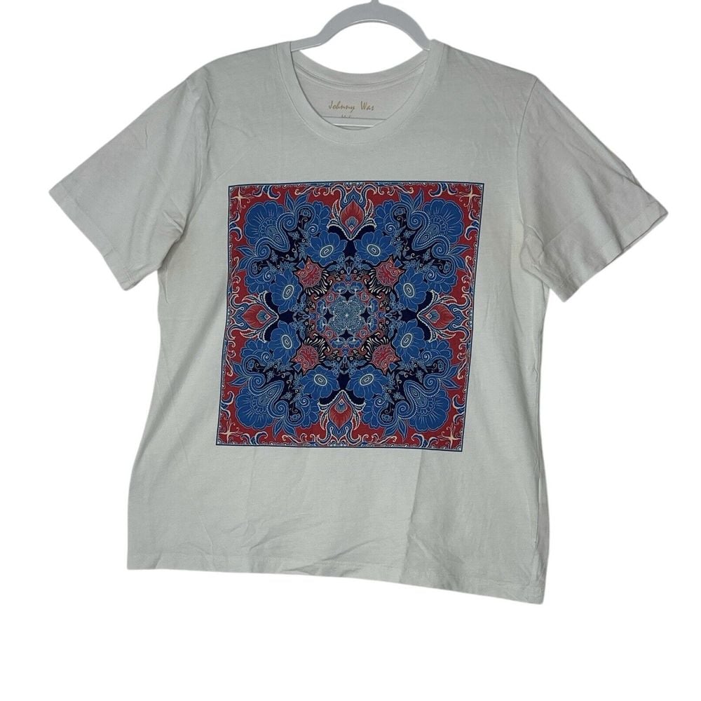 Johnny Was Shirt Women Medium white floral Boho Top Bohemian Short Sleeve