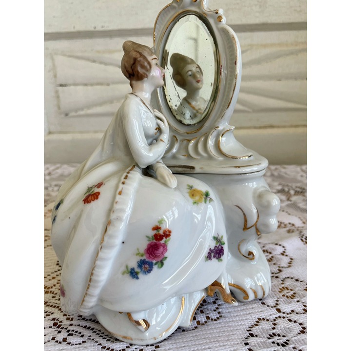 Antique 1940s Porcelain Lady Mirror Fairing/Powder.Trinket box
