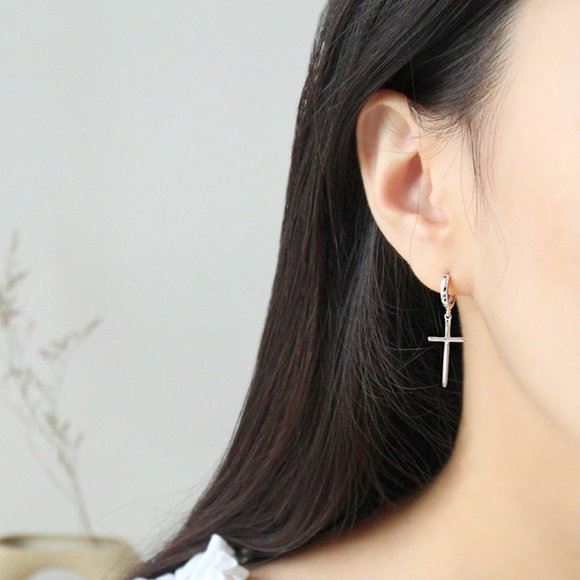 NEW 925 Silver Cross Huggie Hoops