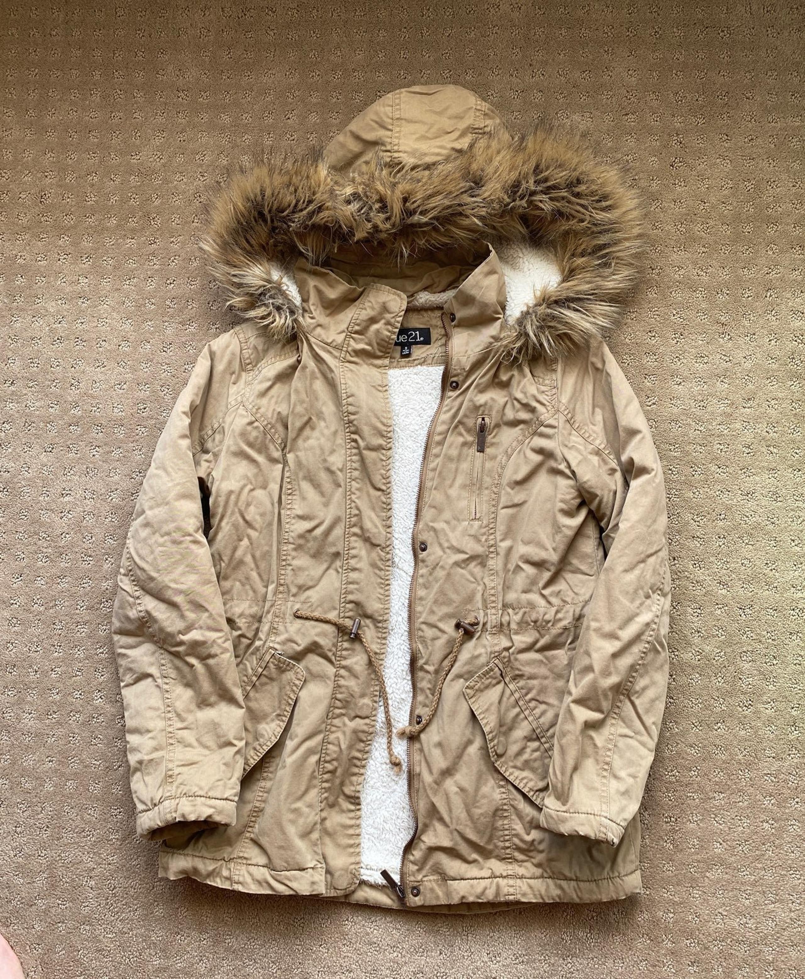 Camel Beige Parka Jacket Faux Fur Hood