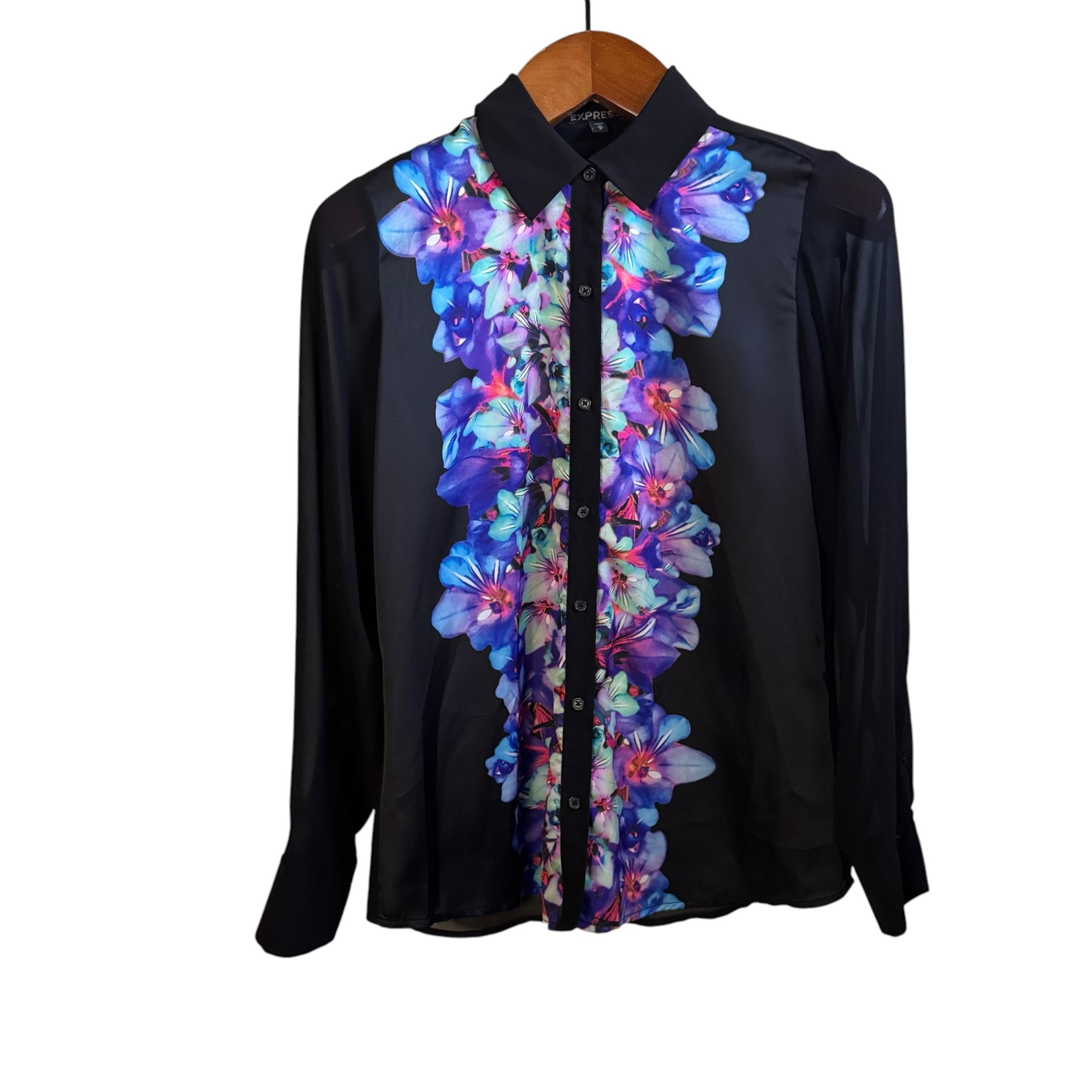 Express Y2K Floral Black Button Down Shirt Size Medium NWT