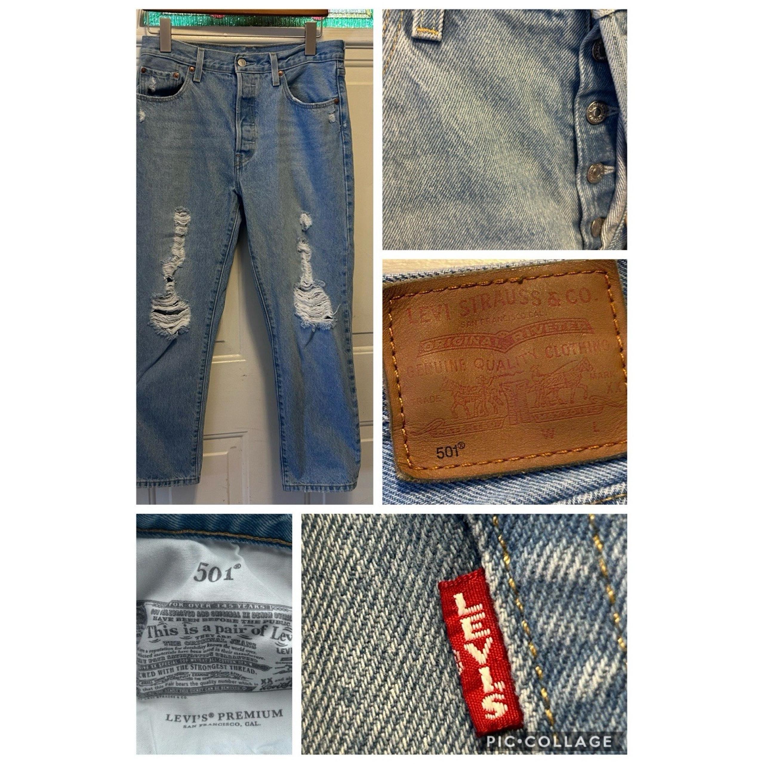 Levi's 501 Original Cropped Distressed Denim Jeans Womens 29x26 Light Blue Wash