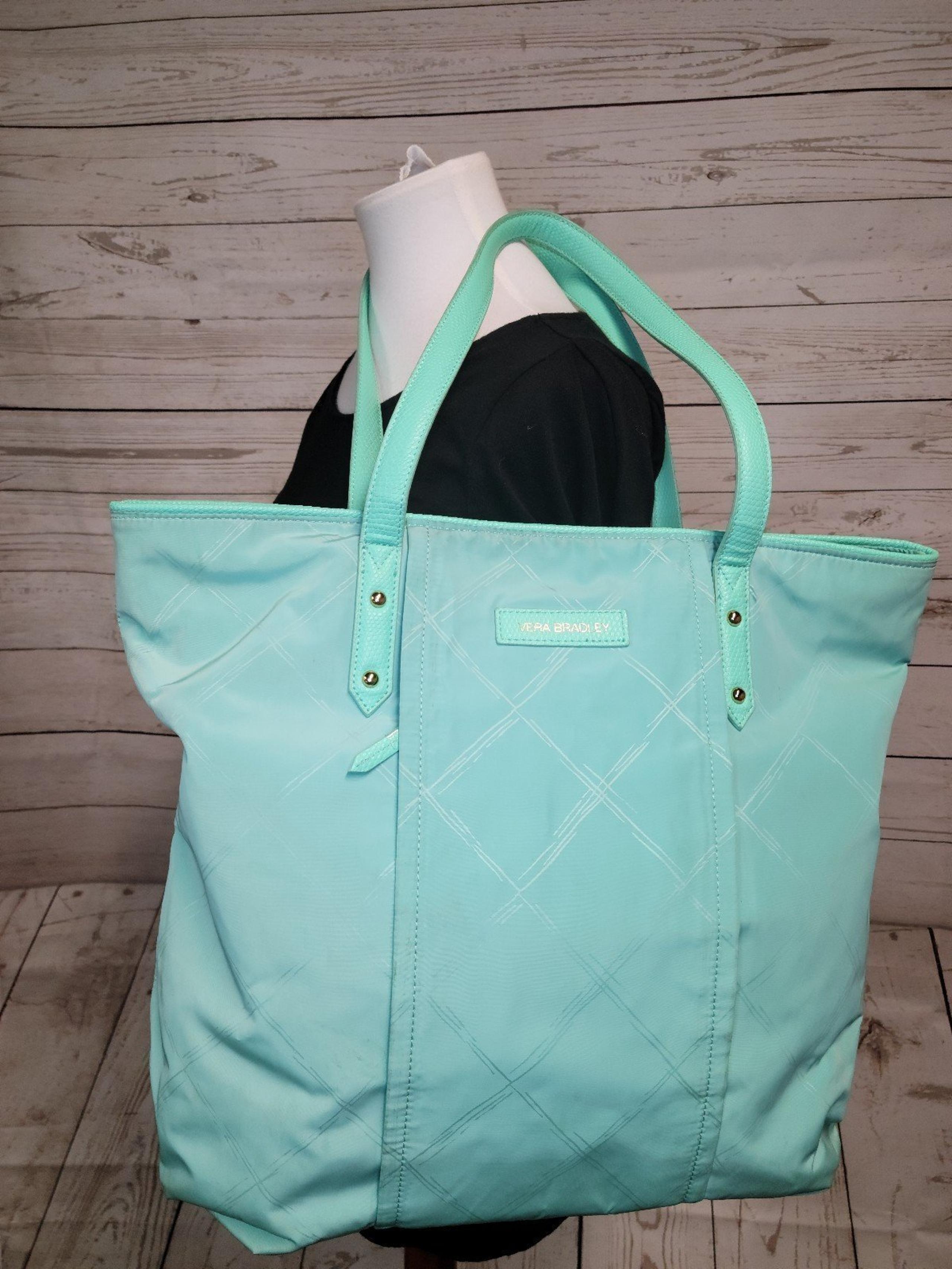 Vera Bradley Nylon Tote bag green faux leather trim and handles polka dot lining