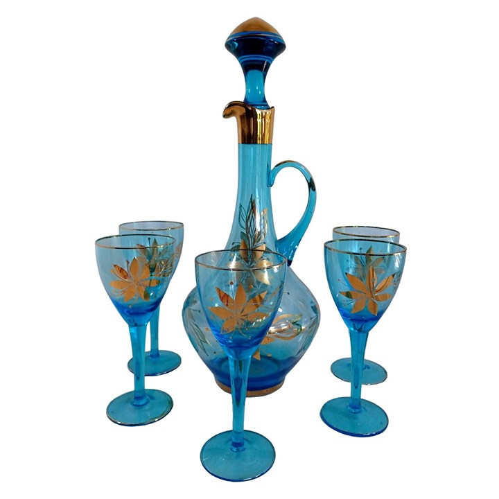 Vintage Bohemian Sky Blue Crystal 12 x 6 Decanter Gold Painted 5 Glasses Czech