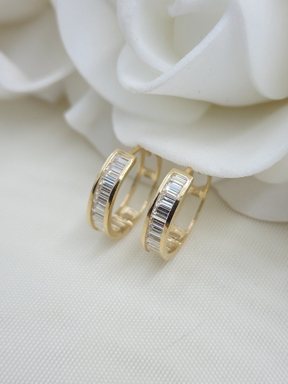 Solid 14k Yellow Gold Baguette CZ Huggies Earrings