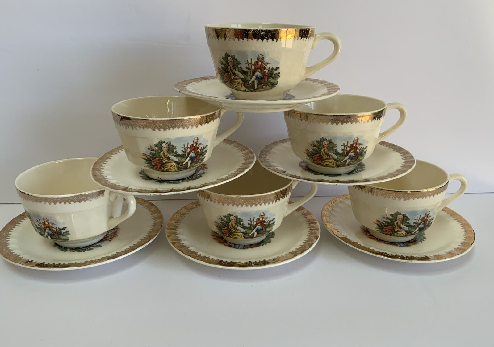 VICTORIAN COURTING COUPLE SِِET OF 6 TEACUPS AND SAUCERS