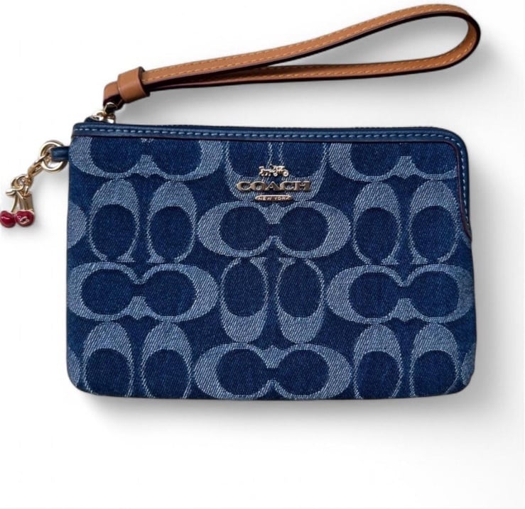 Denim Coach Wallet With Cherry Charm