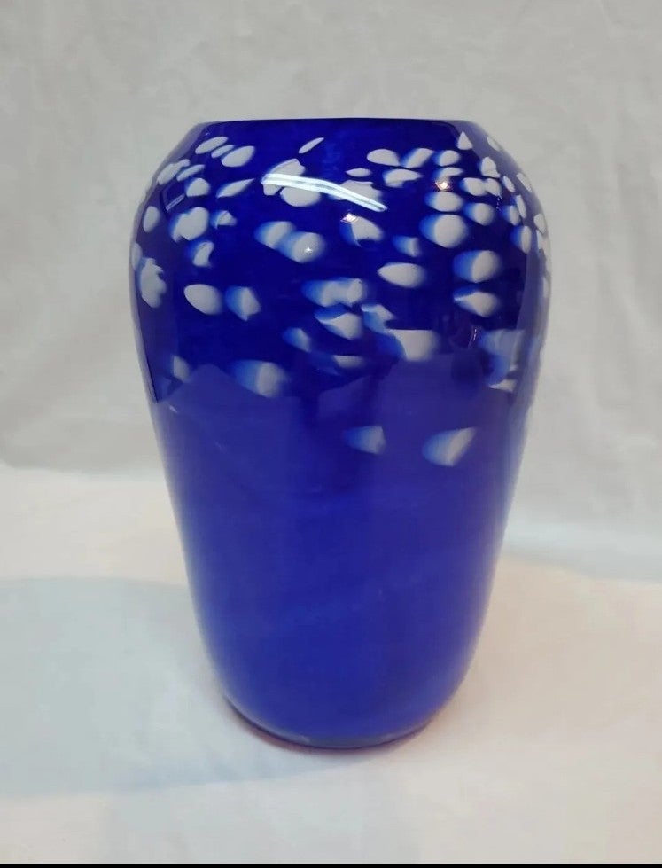 Cobalt Blue Art Glass Vase Artist Signed Handblown White Spots Mottled 8