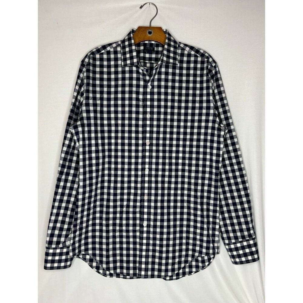 Men's J. Crew Performance Blue/White Slim Gingham Shirt Size Medium 15 - 15 1/2