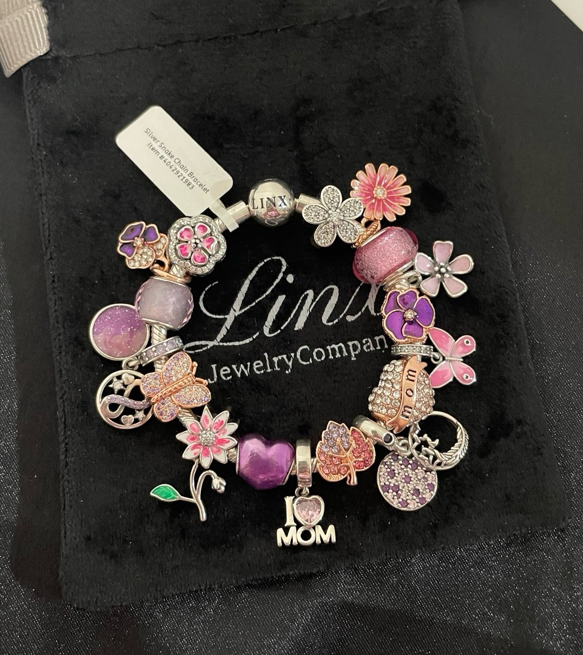 Linx Snake Chain Bracelet with Pink Purple and Rose Gold Mom Themed Charms
