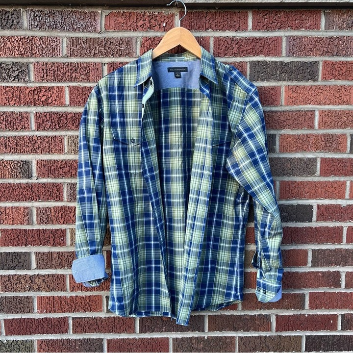 Banana Republic Navy Blue and Yellow Plaid Collared Button Down Shirt