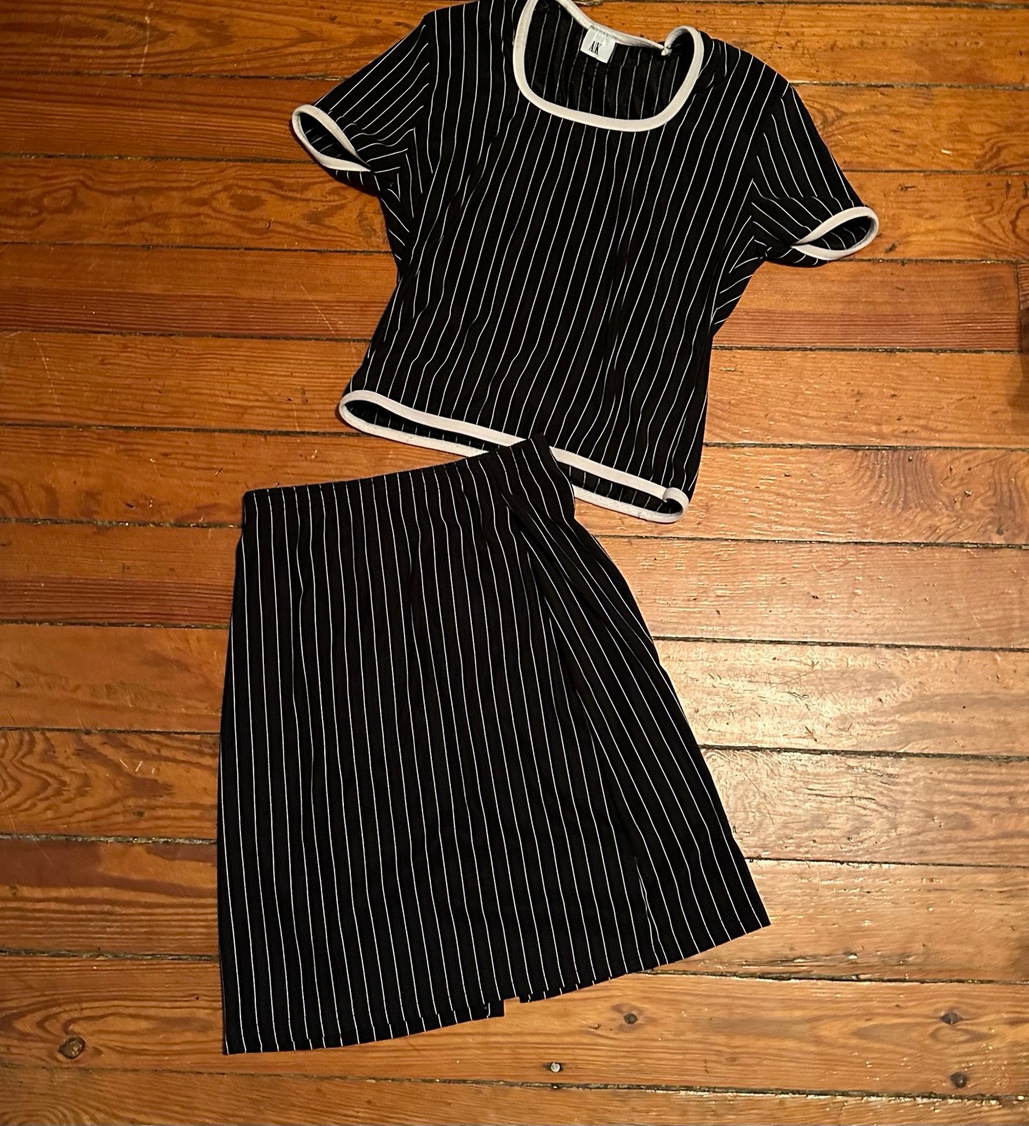 VINTAGE two piece black striped top and skirt set