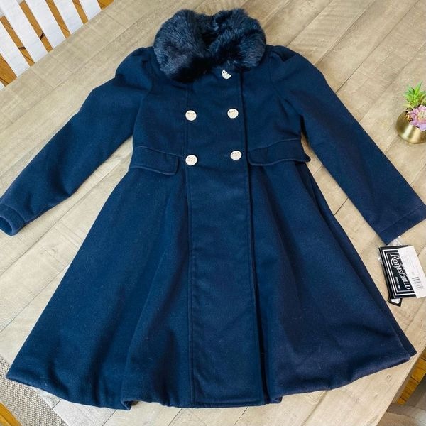 New Rothschild Girls Faux Fur Trim Princess Dress Coat Midnight Blue Size M (10/