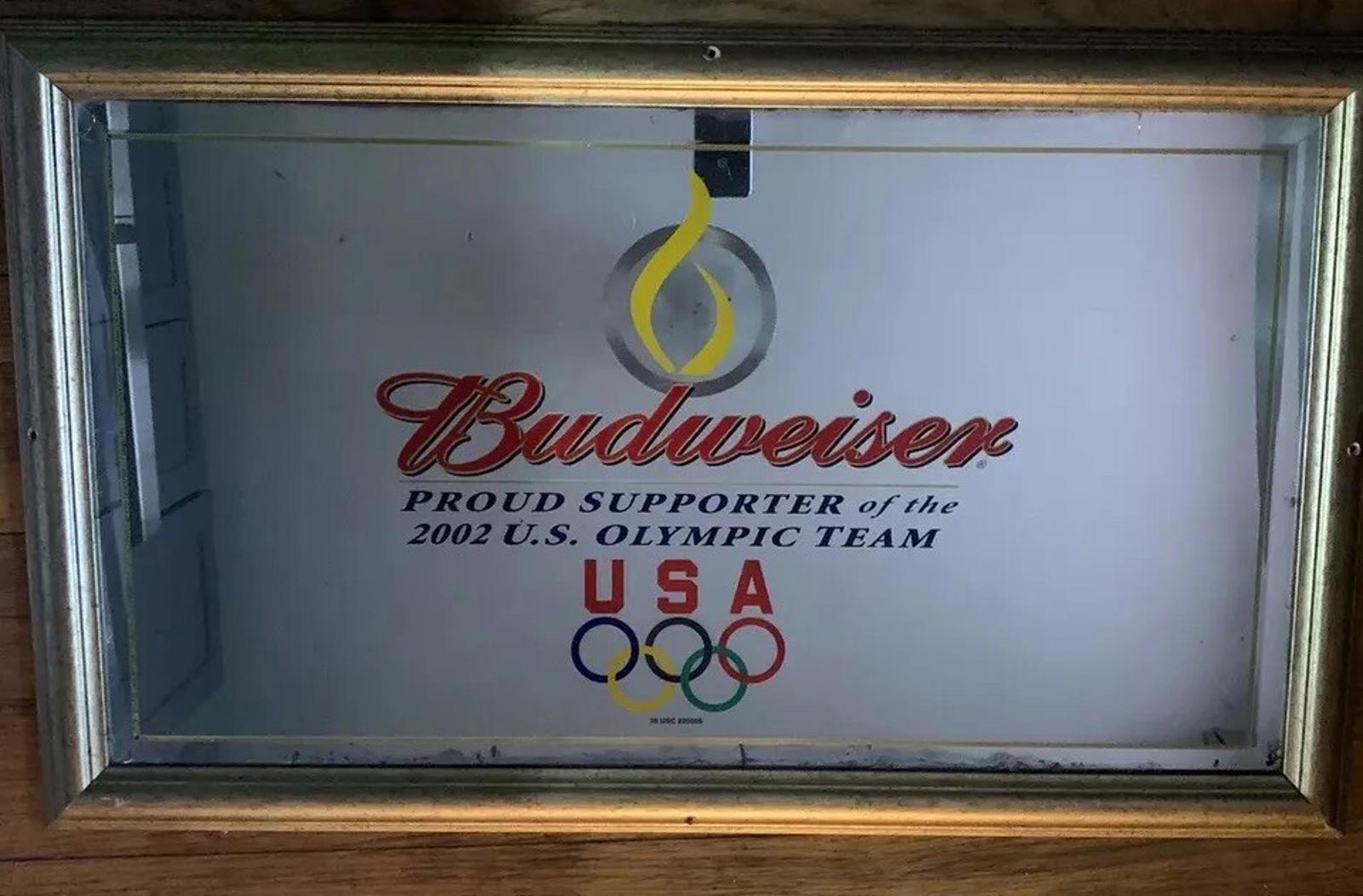 Vintage Anheuser Busch Budweiser Beer 2002 Olympic Mirror Sign 36x22