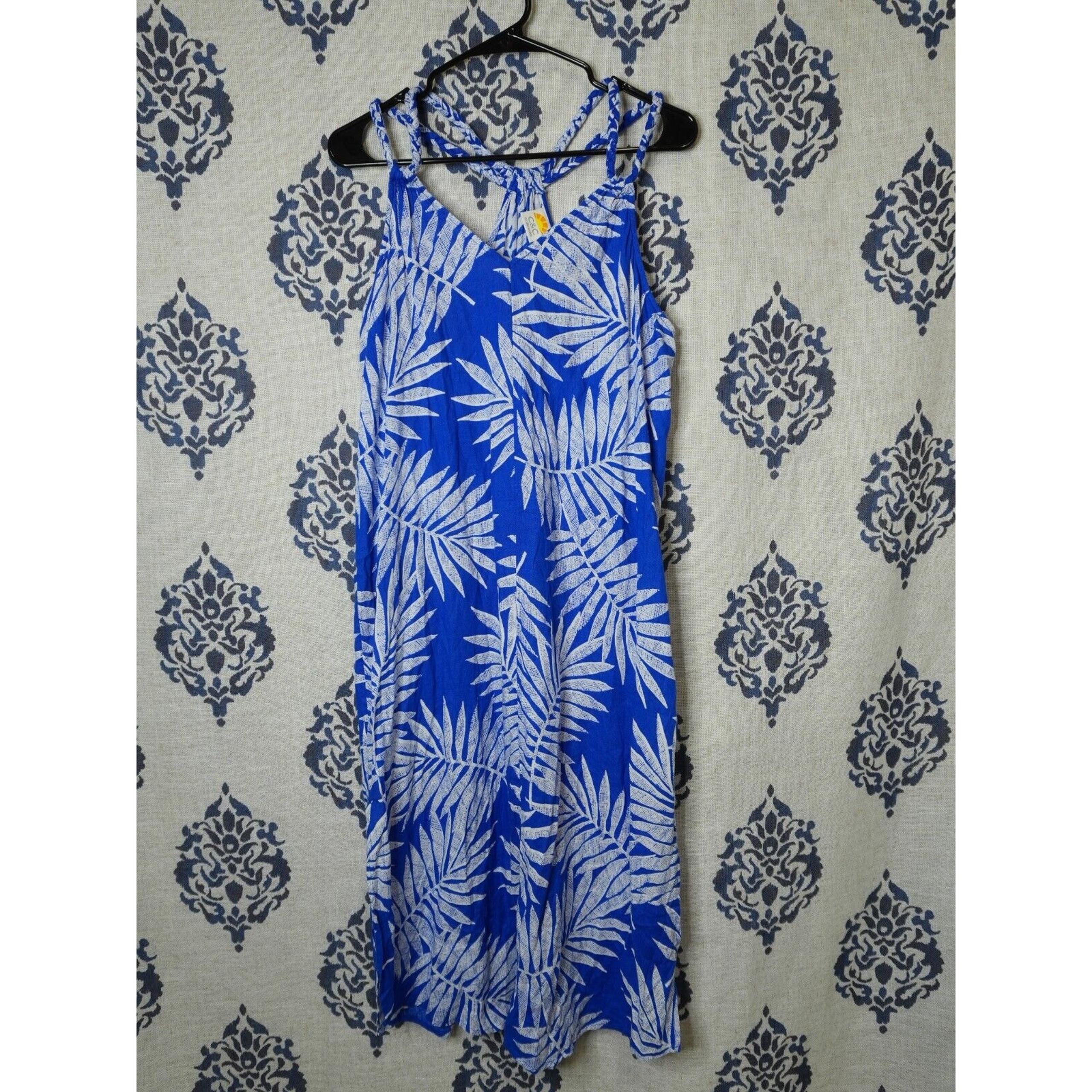 C & C California Linen Blend Sundress Tropical Floral Blue White Vacation Midi L