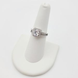 14k White Gold Plated Double Band Diamond & Pave Stone Ring over Sterling Si