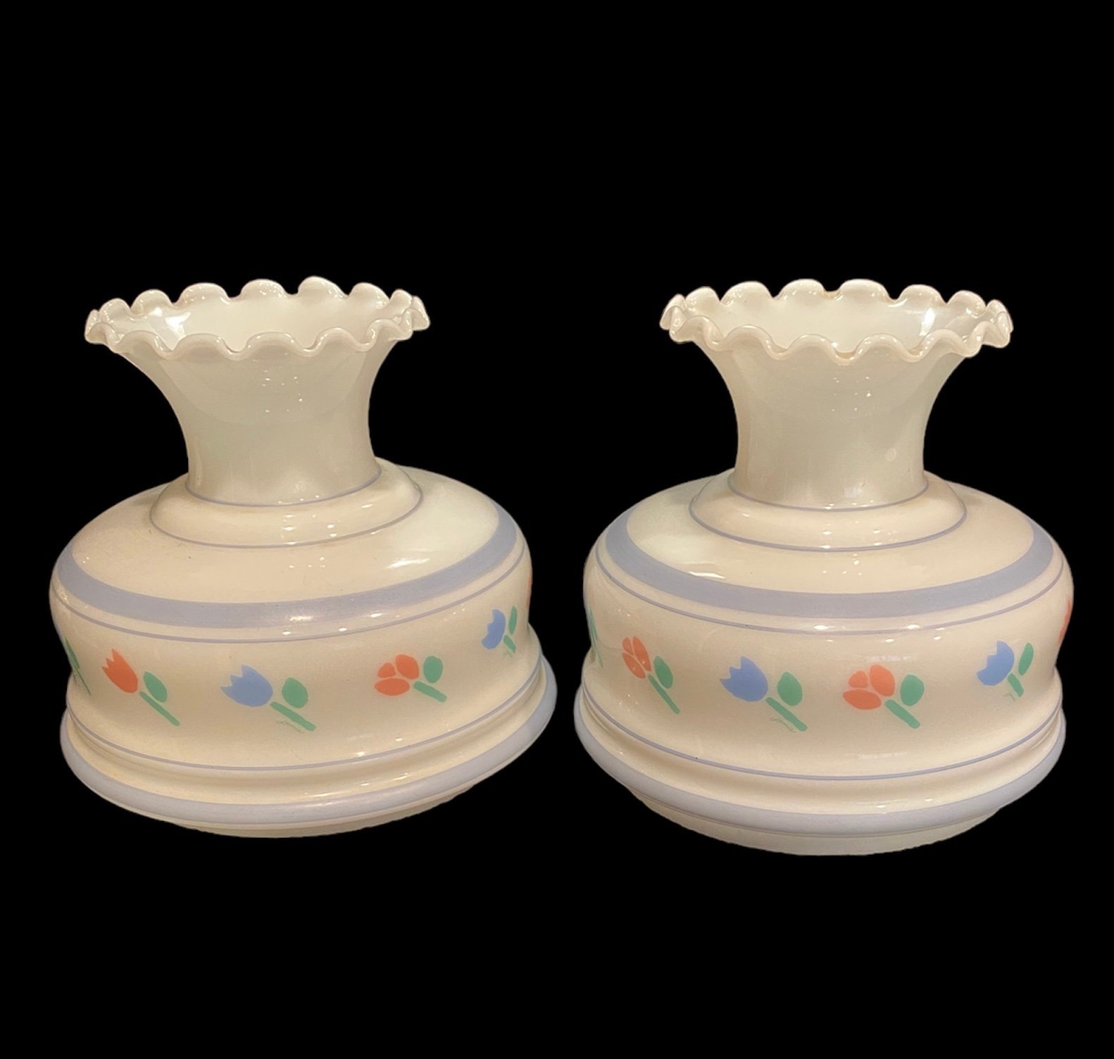 (2) Vintage White Milk Glass Floral Hurricane Kerosene Oil Student Lamp Shades