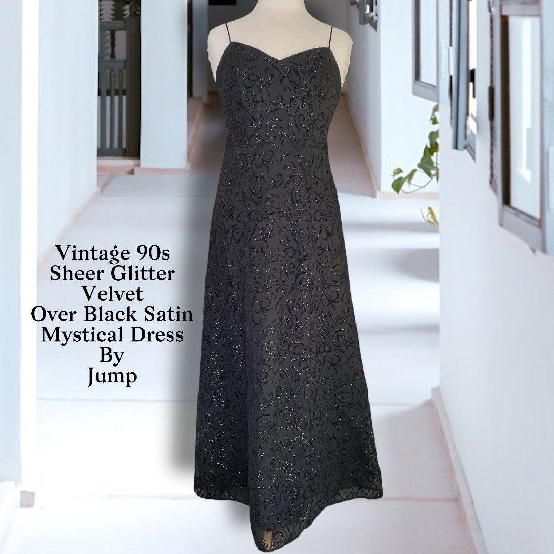 Vintage 90s Black Mystical Maxi Dress With Sheer Glitter Velvet Overlay By Jump