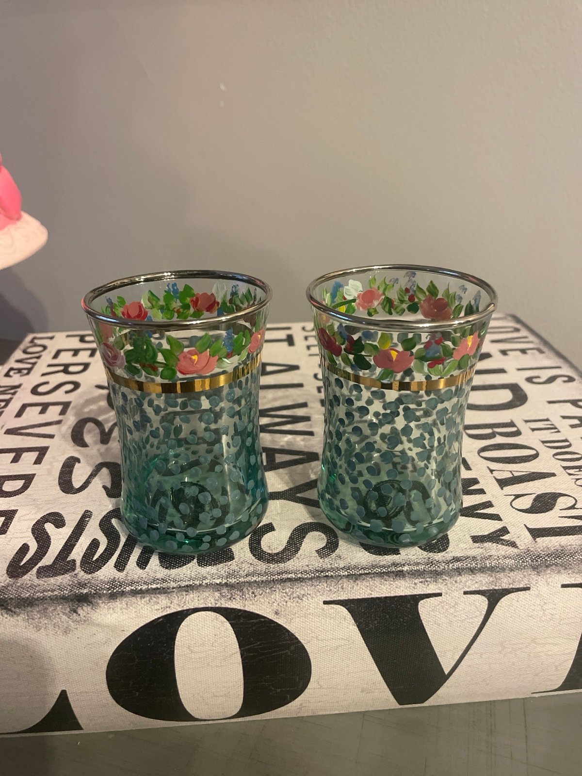 MacKenzie Childs Vintage Polka Dot Circus Rose Tumblers Glasses