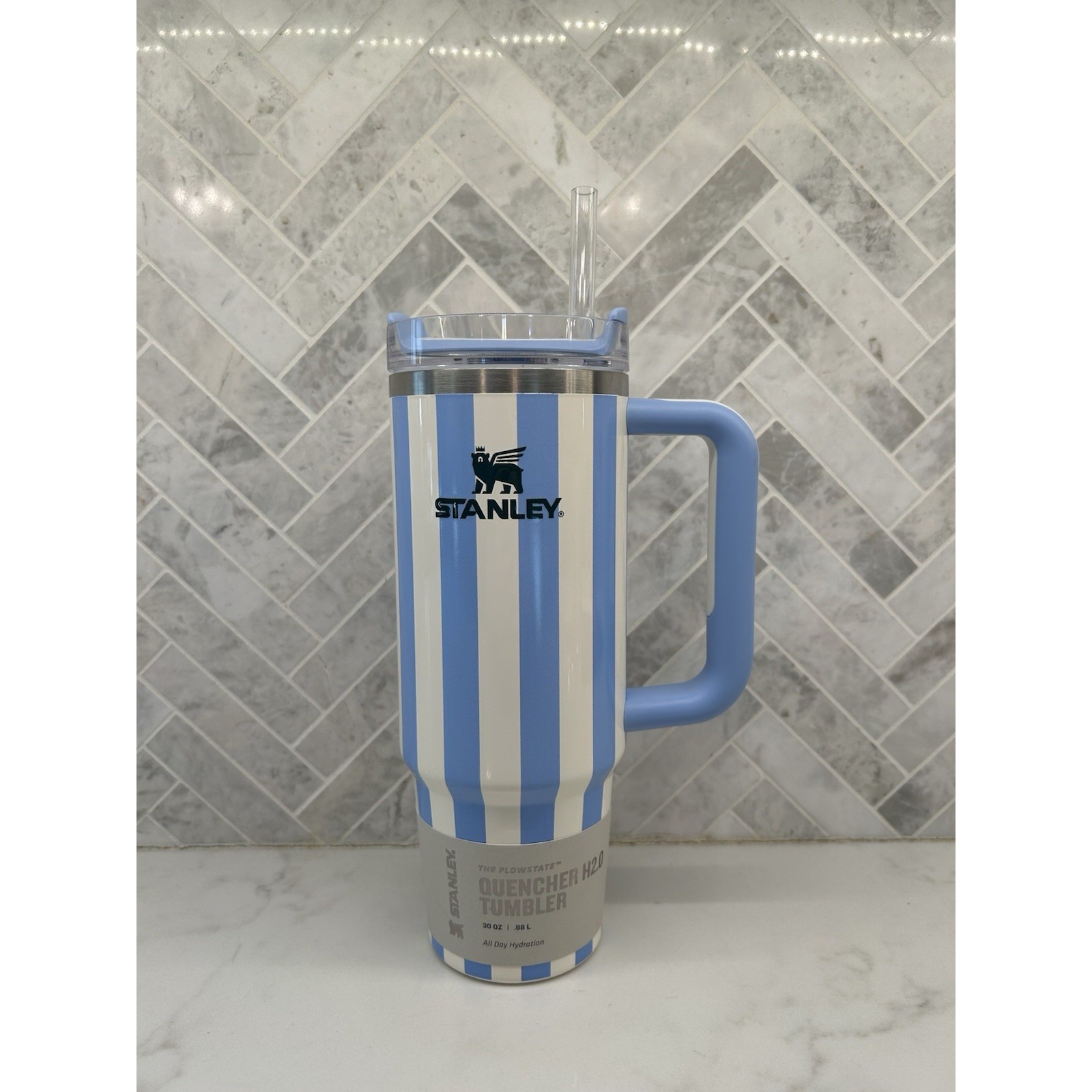 Stanley Cabana 30 oz Flowstate Quencher H2.0 Tumbler Striped Cornflower Blue