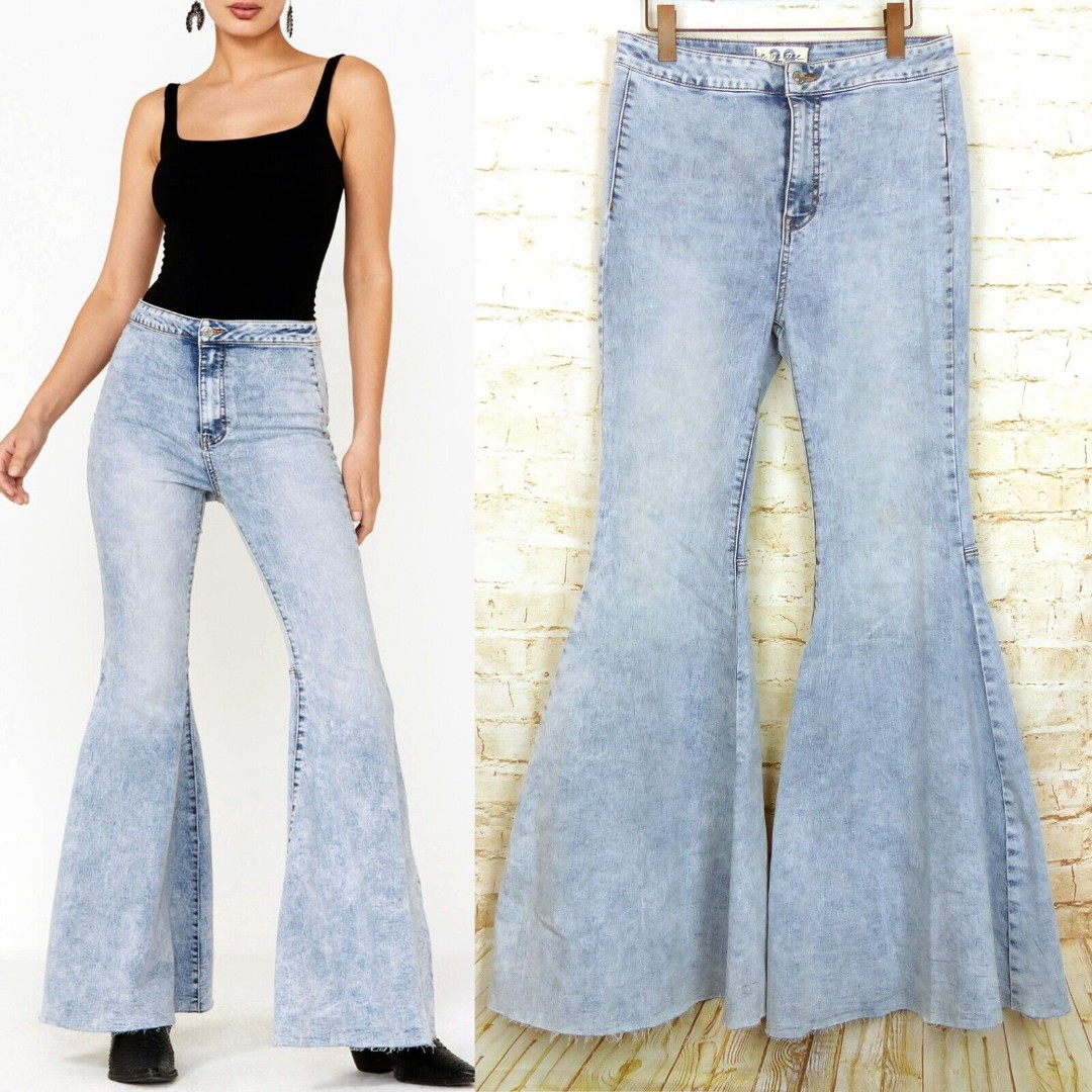 Free People Just Float On Flare Jeans Women 29 Light Blue Marble High Rise Boho